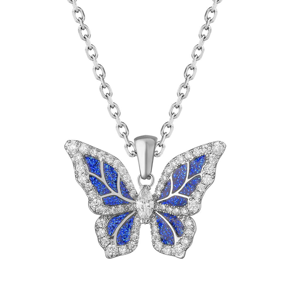 Scarabeaus Iced Out Cubic Zirconia Blue Butterfly Pendant Necklace for Women
