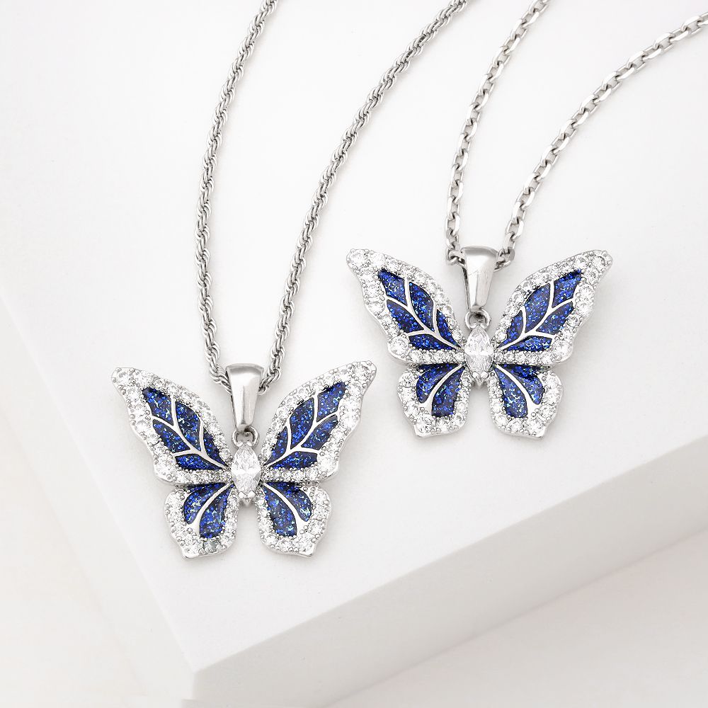 Scarabeaus Iced Out Cubic Zirconia Blue Butterfly Pendant Necklace for Women