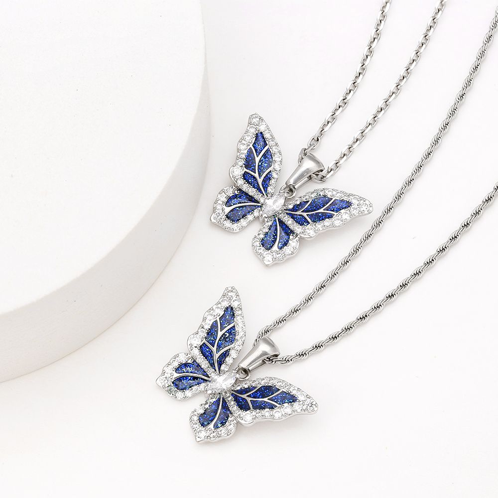 Scarabeaus Iced Out Cubic Zirconia Blue Butterfly Pendant Necklace for Women