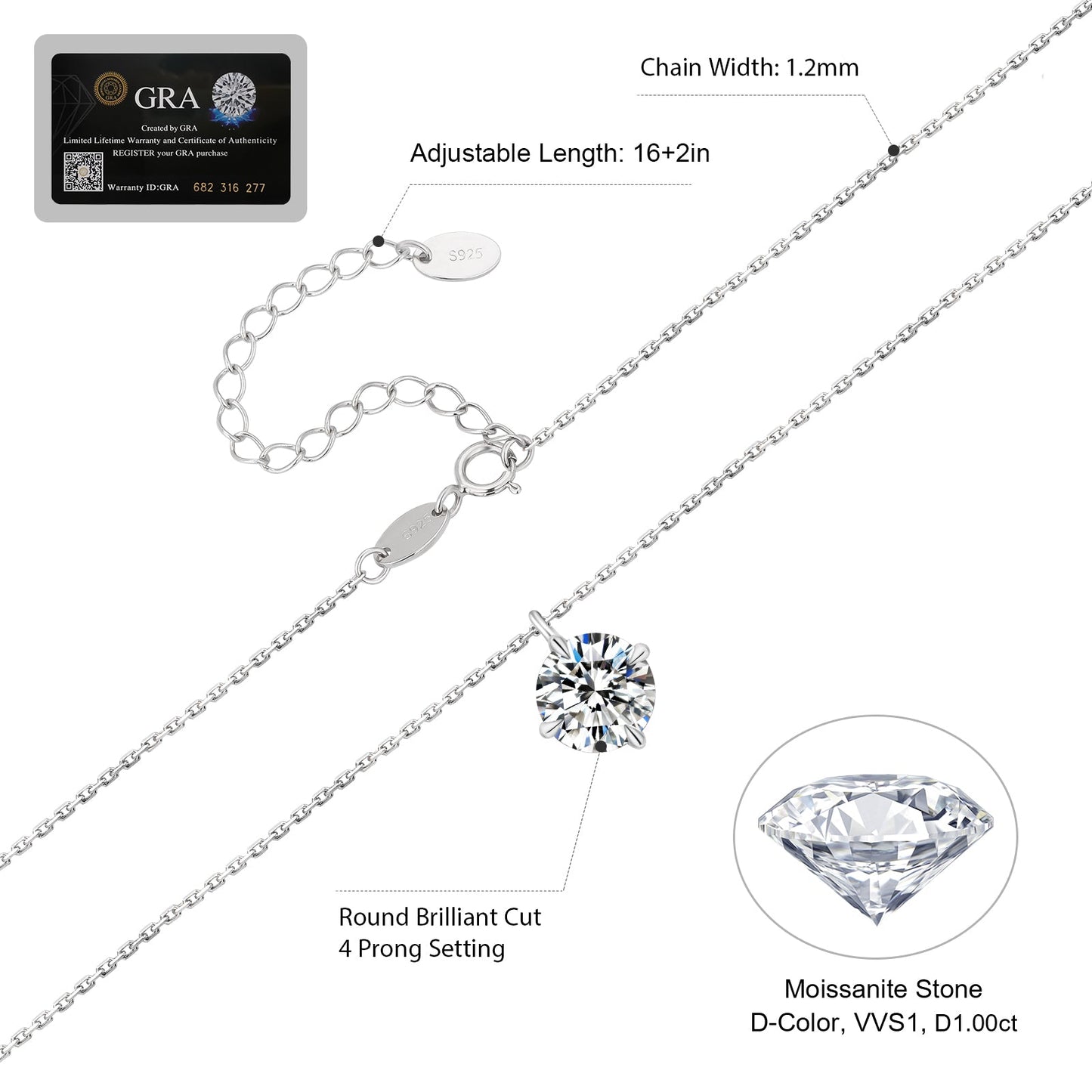 Scarabeaus 1.0 Carats VVS1 Moissanite Round Pendant Necklace for Women