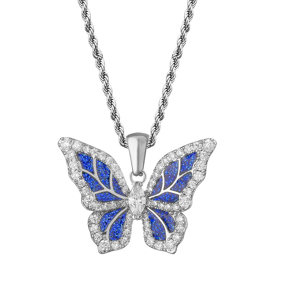 Scarabeaus Iced Out Cubic Zirconia Blue Butterfly Pendant Necklace for Women