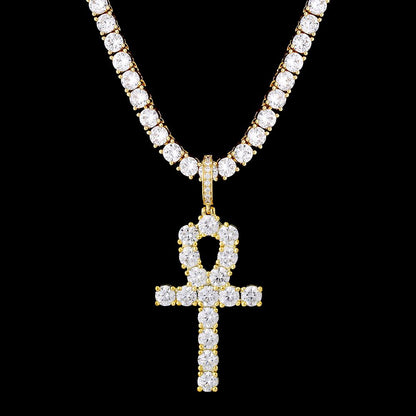 Scarabeaus 4mm CZ  Mens Tennis Chain Necklace with Iced Out ANKH Cross Pendant in 14K Gold