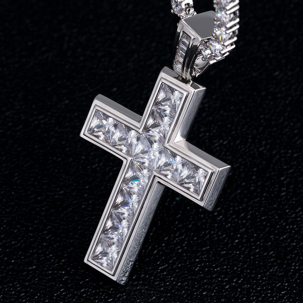 Scarabeaus Princess Cut  Mens Cross Necklace in White Gold