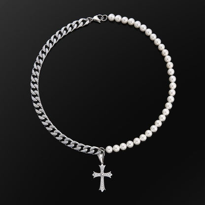 Scarabeaus Cuban Link Pearl Necklace in White Gold with 10mm Cuban Link Chain and  Cross Pendant