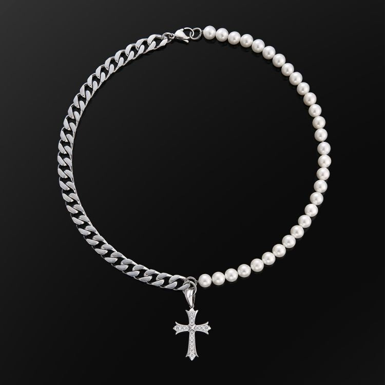 Scarabeaus Cuban Link Pearl Necklace in White Gold with 10mm Cuban Link Chain and  Cross Pendant