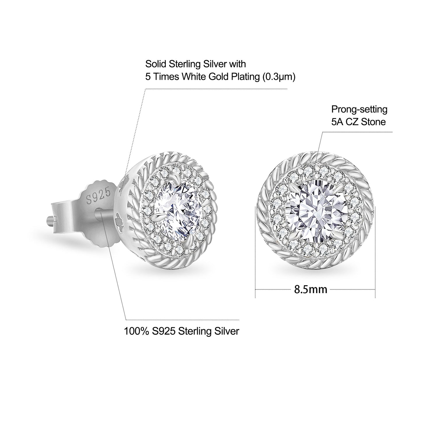 Scarabeaus Full Iced CZ Stone Round Twisted Stud Earrings  for Men and Women in 14K Gold / White Gold