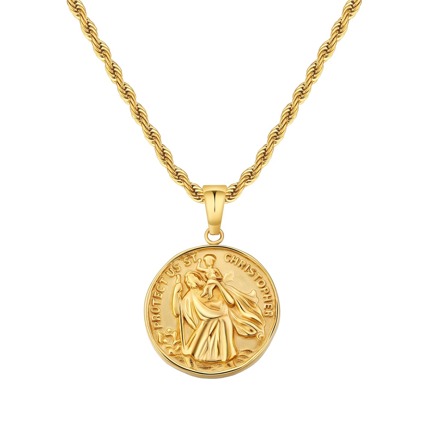 Scarabeaus St Christopher Gold Coin Pendant Necklace with Rope Chain
