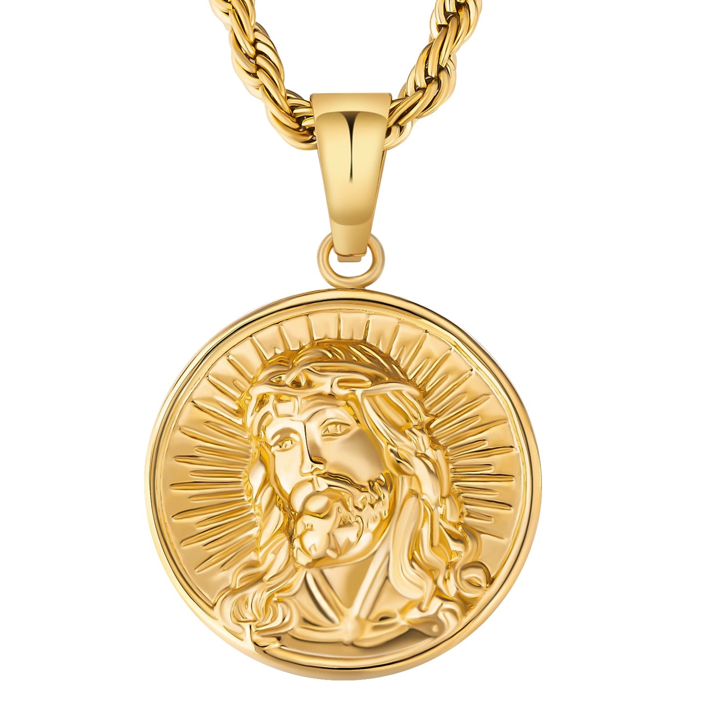 Scarabeaus The light of Jesus Gold Coin Pendant Necklace with Rope Chain for Men