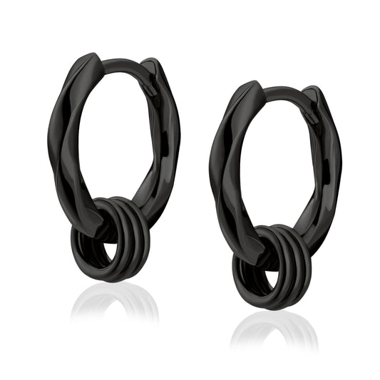Scarabeaus 15mm 2in1 Black Mens Hoop Earring Twisted with Detachable Rings 925 Sterling Silver