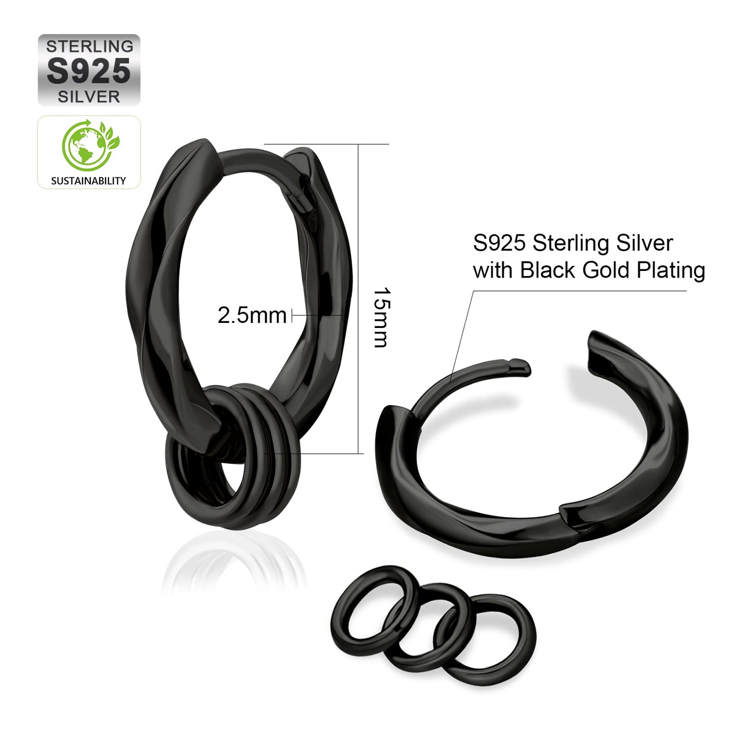 Scarabeaus 15mm 2in1 Black Mens Hoop Earring Twisted with Detachable Rings 925 Sterling Silver