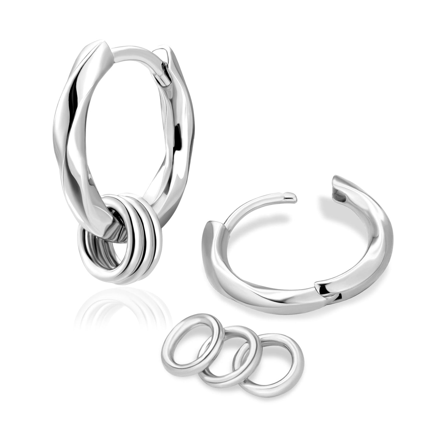 Scarabeaus 15mm 2in1 Mens Hoop Earring Twisted with Detachable Rings 925 Sterling Silver