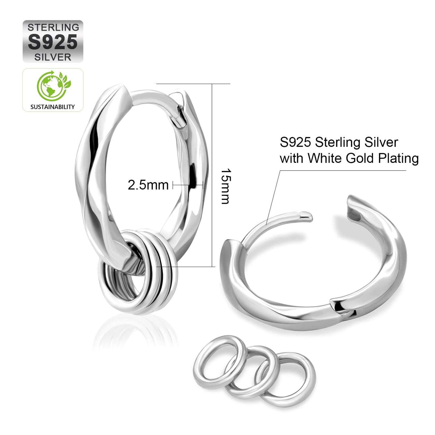 Scarabeaus 15mm 2in1 Mens Hoop Earring Twisted with Detachable Rings 925 Sterling Silver