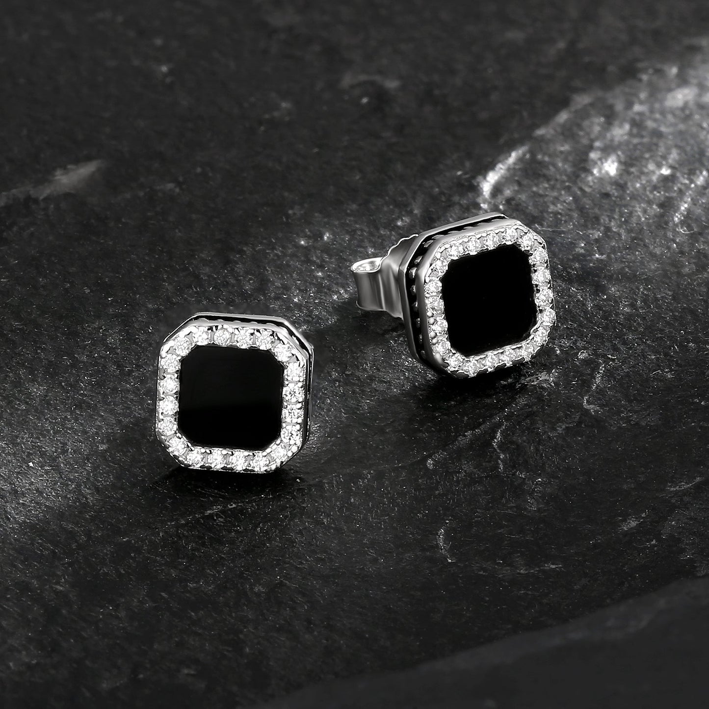 Scarabeaus Square Black Iced CZ Stud Earrings for Men