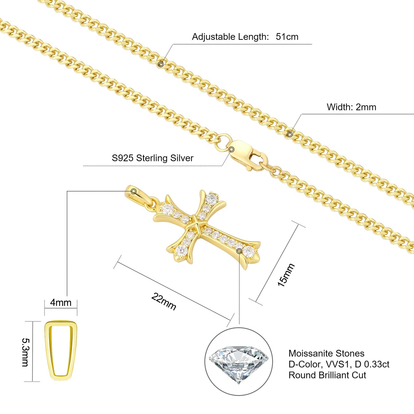 Scarabeaus 0.33 Carats VVS1 Moissanite Cross Pendant for Men 14K Gold/ White Gold